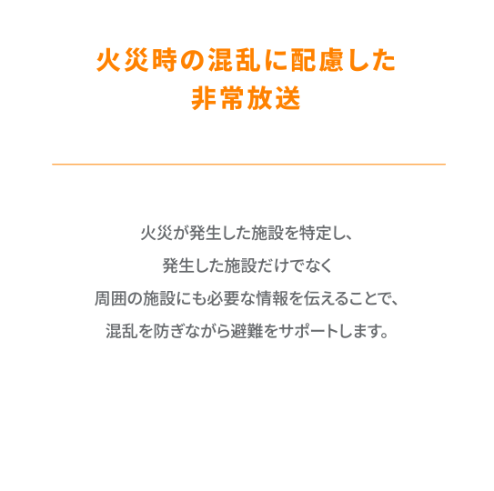 火災が発生した施設を特定し、発生した施設だけでなく周囲の施設にも必要な情報を伝えることで、混乱を防ぎながら避難をサポートします。